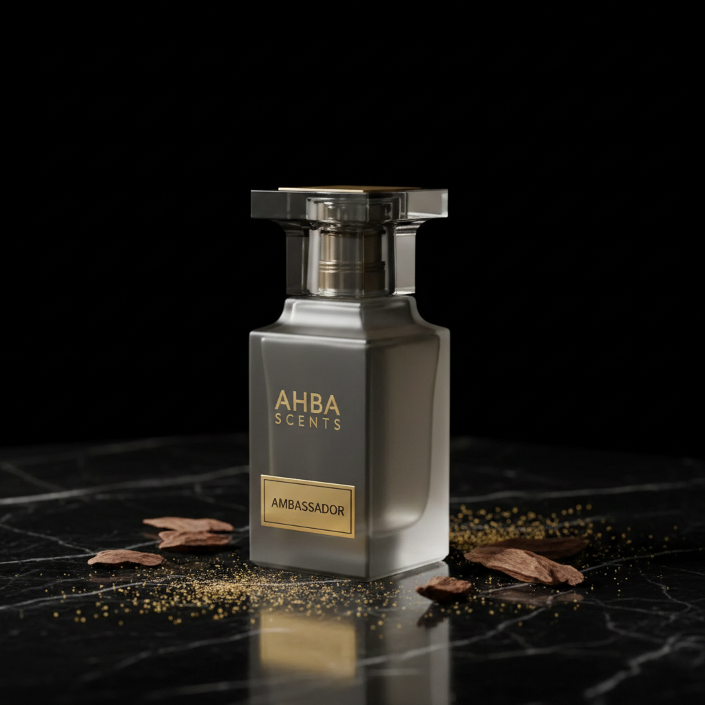 Ambassador perfume flat lay on black marble